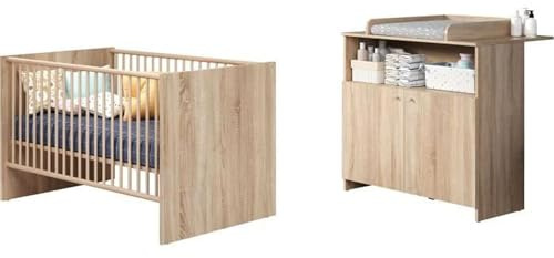 Chambre bébé Duo NIKO - Lit 70x140 cm + Commode a Langer 2 Portes - Décor Chene Naturel - TRENDTEAM