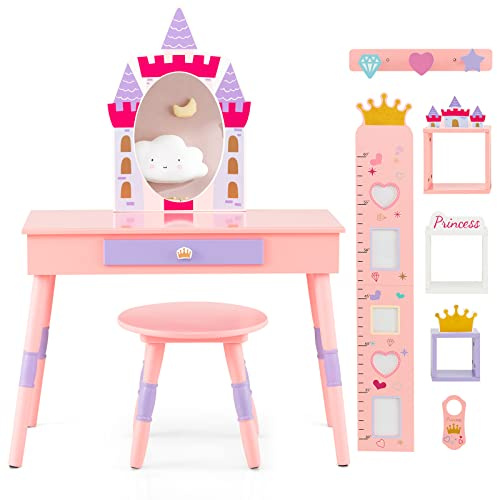 RELAX4LIFE 2 IN 1 Toeletta Trucco per Bambini con Sgabello, Tavolino in Legno, Postazione Trucco con Specchio Rimovibile, Tema Castello, per Bambini Principessa