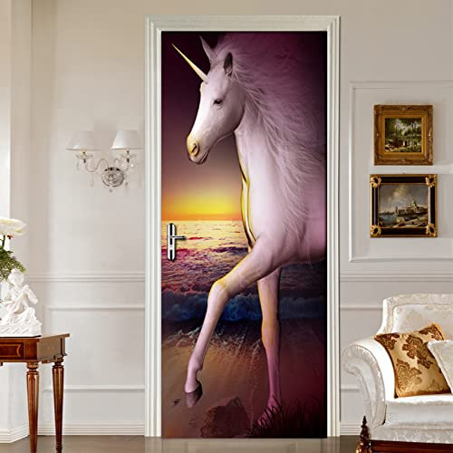 Türaufkleber Strandtier Pferd Selbstklebende Türtapete 3D 77X200Cm - Fototapete Türfolie Poster Tapete Pvc Wasserdichte Abnehmbare Wandbilder Für Schlafzimmer Bad Büro Dekoration