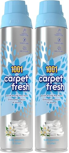 1001 Carpet Fresh Soft Jasmine & Fresh Linen Fragrance – Quick drying, For use On Carpet Rug Upholstery Freshening Foam Pet Odour Remover, 300ml Aerosol Spray Can (Pack of 2)