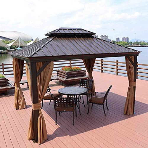 PRUJOY Outdoor-Pavillon mit Hardtop aus verzinktem Stahl und Doppeldach, permanentes Pavillon-Überdachung, Aluminiumrahmen, Terrassenpavillon mit Vorhängen und Netz, 10 x 10 Fuß