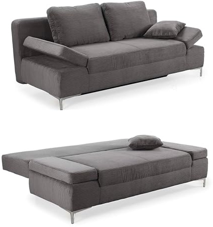 luma-Home 15204/ Funktionssofa mit Gästebett und Bettkasten, Dunkelgrau | B202/T103/H89 cm, Federkern im Sitz und Rücken, Schlaf-Couch mit Liegefläche 144x198 cm, Cord-Bezug