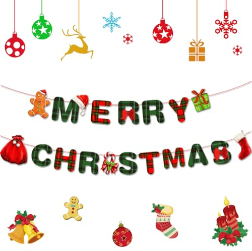 Wimpelkette mit Aufschrift Merry Christmas, rot / grün, kariert, für Weihnachten, Partyzubehör