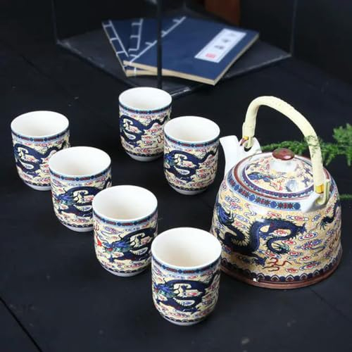 TAMTAK Service à thé en céramique créatif, 1 Pot, 6 Tasses, théière Faite à la Main, Tasse en porcelaine Chinoise, Cadeau, Service à thé Floral Kung Fu, Service à thé de Voyage pour Le Bureau