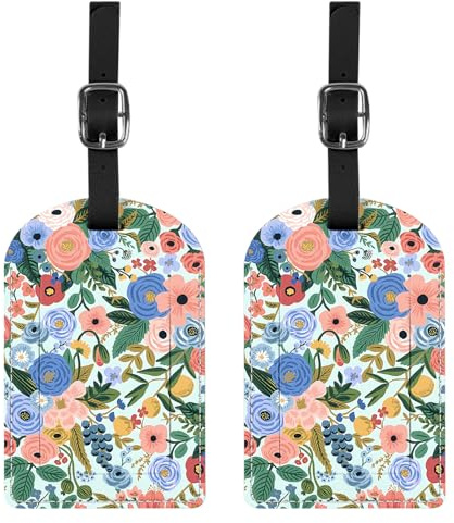BHAHB 2 Pack Luggage Tag Luggage Tags PU Leather Suitcase Tags Aesthetic Cute Travel Bag Labels for Women Girls (P11-Flower Floral Pink Blue)