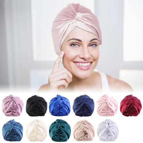 100% Maulbeerseide Frauen Nachtmütze,Schlafmütze Seide Duschhaube Gut für das Haar, Weiche Silk Bonnet Seidenhaube,Verstellbare Doppelschichten Motorhaube,Haarpflege Kopfhaube26×23cm (Saphirblau)