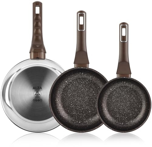 ALZA Petrea - Set de Sartenes Plateadas 20 + 24 + 28cm, Acero Inoxidable, Antiadherente Eterna de 4 Capas, Todas las Cocinas, Inducción y Lavavajillas