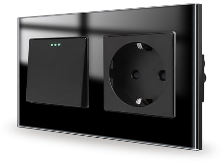 JIMEIDA Interruptor de luz con enchufe, color negro, empotrable, 1 vía, 1 vía, cristal, interruptor de pared, interruptor basculante de cristal, 157 x 86 mm, 10 amperios, 250 V