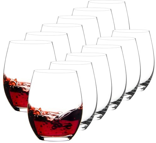 UMEIED Juego de 12 copas de vino sin tallo, copa de vino tinto y blanco transparente de 15 onzas para el hogar, fiesta, boda, aniversario