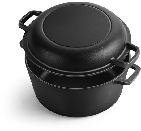 Homikit 26,5cm Gusseisen Topf, 2 im 1 Vorgewürzter Dutch Oven Brottopf mit Deckel, Antihaft Brotbackform für Brot Backen Kochen, Gusseisentopf für Oudoor Indoor, Gesund & Fit Verschiedene Wärmequellen