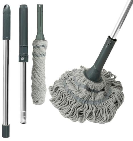 Twist Mop, in microfibra con manico lungo e 2 teste per mocio, in filo di cotone altamente assorbente, panno abrasivo antigraffio per macchie ostinate, pulisce pavimenti in laminato, legno e