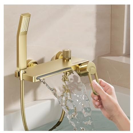 SWHC Robinet de Baignoire avec Douchette, Mitigeur Baignoire Cascade Mitigeur Douche Chaud ou Froid Robinet Douche Mural Or Brossé Robinet Salle Bain Baignoire Laiton