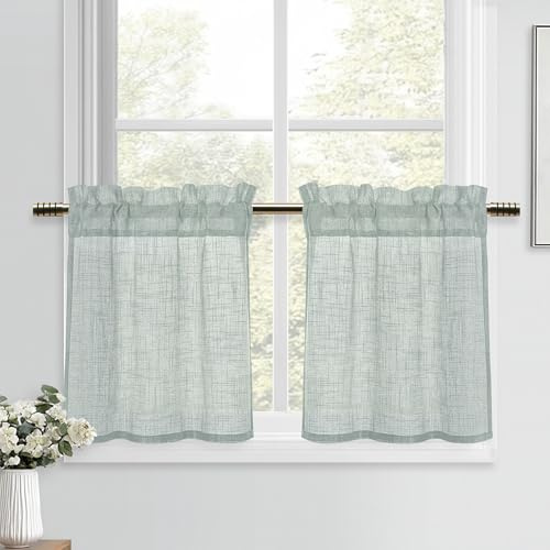 DWCN Grau-grün Scheibengardinen Leinenoptik Vorhänge Modern Fenstervorhänge Kurz 2 Stück H45xB60cm Vorhang Halbtransparent für Küchengardinen Wohnzimmer Schrankvorhang Kinderzimmer Gardine Badezimmer