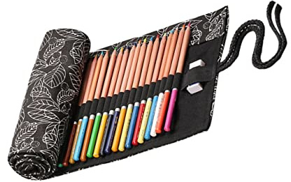 Gadpiparty Canvas Stifterolle mit 48 Fächern Rollbarer Bleistift Organizer aus Segeltuch Tragbares Federmäppchen für Künstler Reise und Schule mit Muster und Kordelverschluss