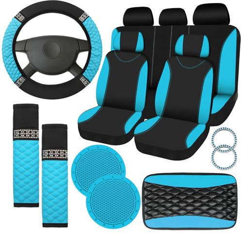 Fulmoon 17 Pcs Car Accessories Set for Women Seat Bling Leather Steering Wheel Cover Seat Belt Shoulder Pad Armrest Cup Holders Covers Full Crystal Decor Automotive Interior(Lake Blue and Black)