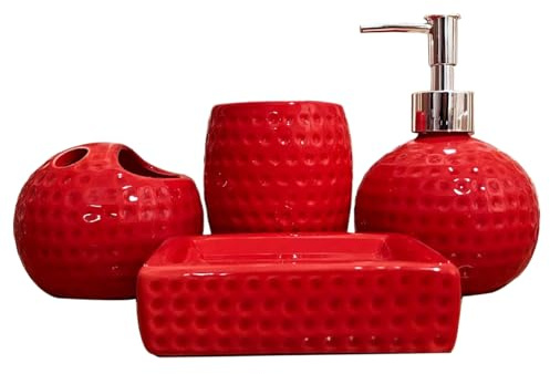 Pastoralist Set da Bagno, 4 Pezzi Accessori per Bagno in Ceramica Rossa Set con portaspa spazzolino, Bicchiere, distributore di lozioni e Piatto di Sapone per Regalo
