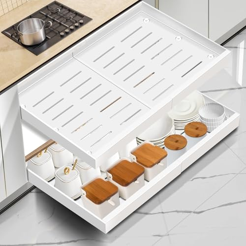 Mimoke Erweiterbarer Ausziehbarer Schrank Organizer, Küchen Teleskopschublade mit Kleber, Aufbewahrung Schubladen Organizer für Küche/Bad (Weiß, (2 Stück) Breite 31–52 cm, Tiefe 42 cm)
