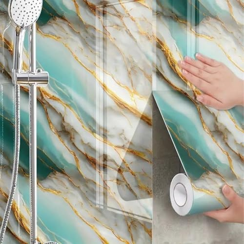 ESSMOKO Papel tapiz de mármol dorado autoadhesivo de PVC resistente al calor y al aceite para pared de cocina y baño color verde lago 40 * 600cm