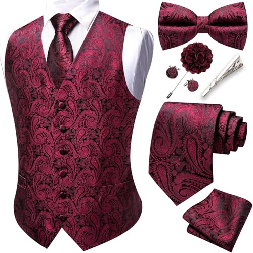 Barry.Wang Juego de chalecos formales para hombre con diseño de cachemira, corbata, pajarita, clip, pañuelo, gemelos, pin de solapa, para boda, 8 piezas, granate, 3XL