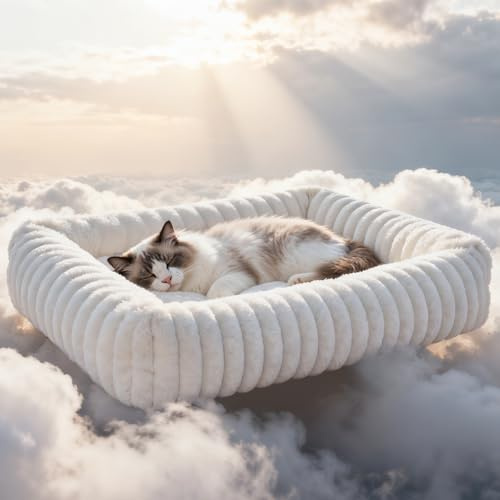 Cat Beds for Indoor Cats, Square Self Warming Cat Bed Orthopedic Pet Bed with Pillow Super Soft Rabbit Fur Small Dog Beds, Calming Plush Kitten Bed with Removable Washable Cover & Anti-Slip Bottom