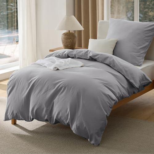 BEDSURE Bettwäsche 135x200 Baumwolle 2teilig - Grau, 1 Kissen 80x80 cm | 100%Baumwolle Bettwäsche Set mit Reißverschluss, 1 Bettbezug+1 Kissen, Gewaschene Leinenoptik, Atmungsaktiv & Weich, Oeko-TEX