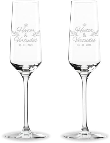 DEREGALOOS Copa de Cava Personalizada. Nombres y Fecha para Parejas en Grabado Láser. Detalle Elegante para Bodas Aniversarios Brindis Románticos Pack de 1 o 2 Copas (2 Copas)
