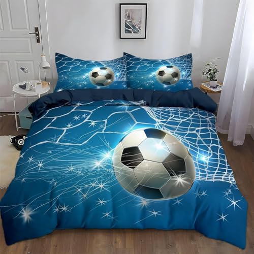 Funda Nordica Cama 90 Juvenil Fútbol 3D Ropa de Cama de 3 Piezas, Funda Nórdica 150x220 Azul Fundas de Edredón Microfibra con Cremallera y 2 Fundas de Almohada F-885
