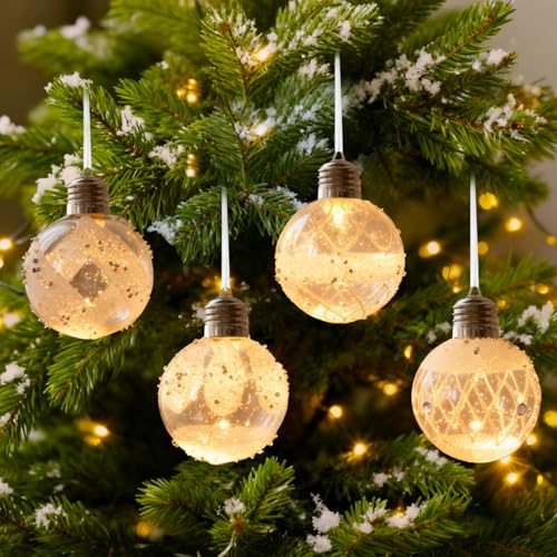 LED Weihnachtskugeln 4er Set, Beleuchtete Weihnachtskugeln 8CM, Christbaumkugeln mit Batterie, LED Kugeln Kunststoff, Leuchtkugel Weihnachten Anhänger, Dekokugel mit Licht für Weihnachtsbaum Deko