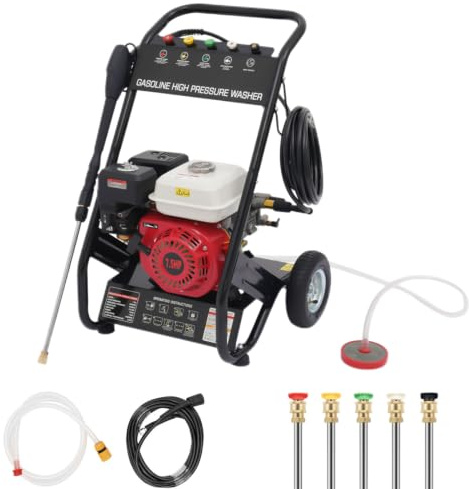 awolsrgiop Nettoyeur Haute Pression à Essence, 7.5CV 2200 PSI Haute Pression à gaz, Moteur 4 Temps Essence, Débit 2.3 GPM, avec 5 Buses et Tuyau 8 m, pour Terrasse, Voiture et Jardin