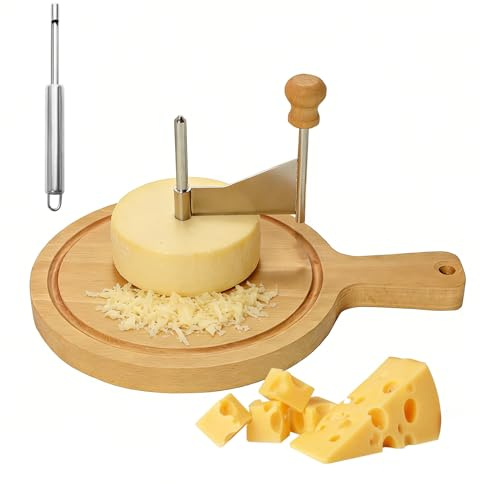 Cortador de Queso en Forma de Flor, Girolle para Queso en Bambú Ø 18 cm con Hoja de Acero Inoxidable, Cortador Queso Horizontal con Tabla de Madera Redonda para Flores de Queso & Virutas de Chocolate