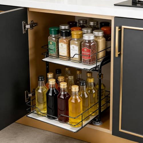 Veyera Pull Out Spice Rack for Cupboard, 2-Tier Kitchen Cupboard Spice Rack Organiser, Cupboards Door Spice Rack, Heavy Duty Metal Cabinet Seasoning Organizer Spices Storage Shelf for Cabinet Pantry