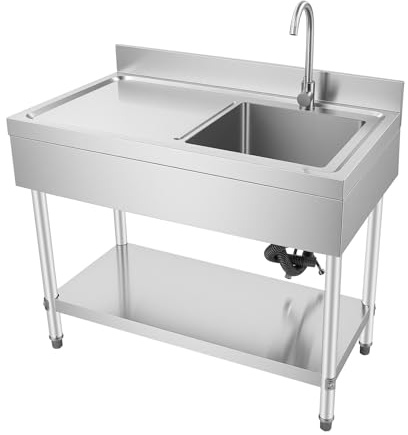 2 Tier FreeStanding Sinks with Storage Shelf Right Single Bowl Faucet | Deinungen Commercial Restaurant Sink Outdoor Utility Single Bowl Kitchen Sink Stainless Steel Table 100x60x80cm