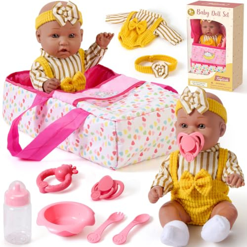 vamei Puppenzubehör mit 30 cm Baby Puppe, Geschenk Mädchen ab 3 Jahre | Puppen Zubehör Set mit Tragbares Puppenbett Puppenkleidung Babyflasche Schnuller, Rollenspiel Kinder Spielzeug 3 4 5 6 Jahre