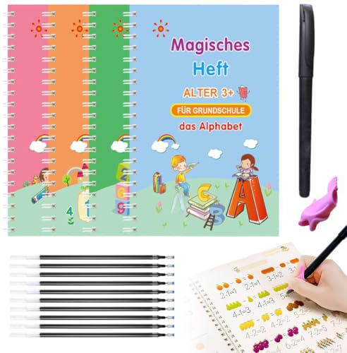 Übungshefte Schreiblernhefte Magisches Heft für Kinder Vorschule 4PCS | übungshefte wiederverwendbare schreibhefte gerillte handschriftbücher für buchstaben zahlen schreiben zeichnen lerneng