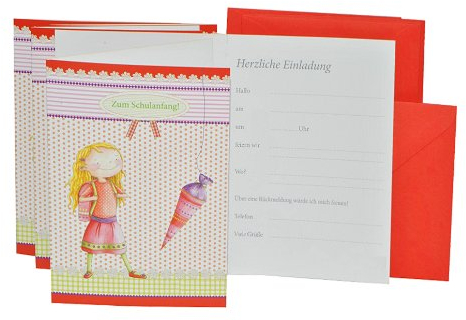 alles-meine.de GmbH 10 TLG. Set Einladungskarten + Umschlag - Mädchen Schulanfang Party - Einladung Karte Schuleinführung rot - Schultüte & Zuckertüte - Schuleinführungsfest