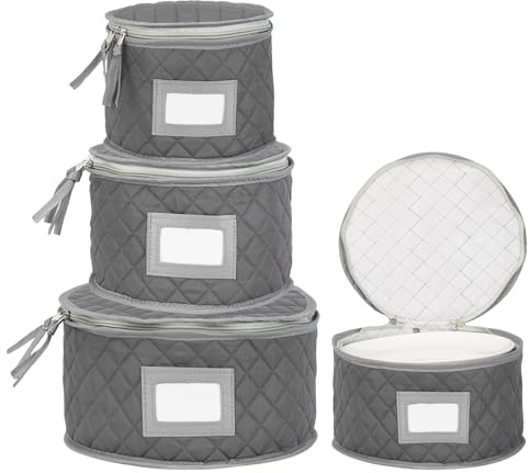 Fine China Storage - Set of 4 Quilted Cases for Dinnerware Storage. Sizes: 12 - 10 - 8 and 7 Wide - Gray - 48 Felt Plate Separators Included