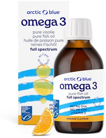 Arctic Blue Omega 3 Fischöl – 150 ml flüssig – MSC-Zertifiziert – hochdosiert mit DHA, EPA und Vitamin D – ohne Aufstoßen oder Fischgeruch – arktisches Fischöl – Orangengeschmack