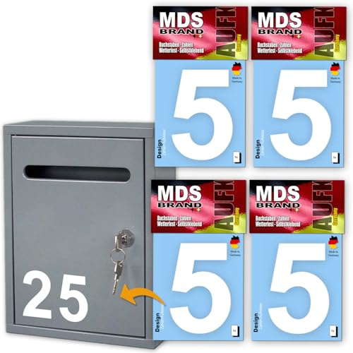 MDS Brand Design 10cm Zahlen Aufkleber | Selbstklebende Klebezahlen für Briefkasten, Mülltonne, Hausnummer Aufkleber für Außen & Innen Weiss (5)