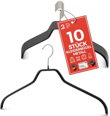 MAWA Kleiderbügel, Set mit 10 platzsparenden und rutschfesten Bügeln, ideal für Hemden und Blusen, mit 360°drehbarem Haken, Antirutschbeschichtung, 45 cm, schwarz
