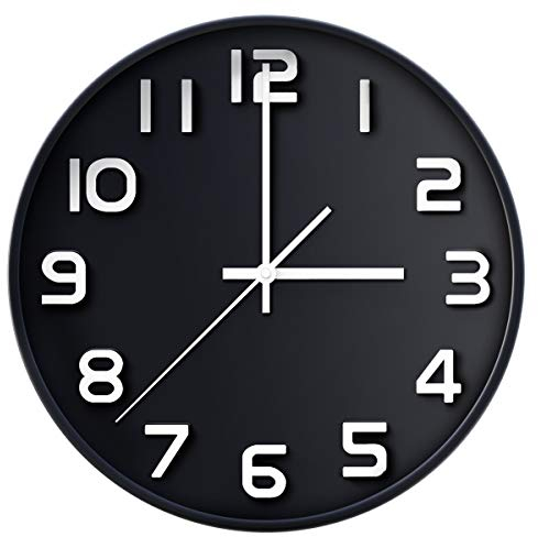 Wall Clock 12 Silent Non-Ticking Quartz Decorative Wall Clock 3D Large Number, Modern Style Good for Living Room & Home & Office Battery Operated(black)