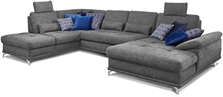 Cavadore Wohnlandschaft Castiel mit Federkern / Großes U-Form-Sofa mit Schlaffunktion, Sitztiefenverstellung und Kopfstützen / 368 x 114 x 232 / Webstoff, Grau