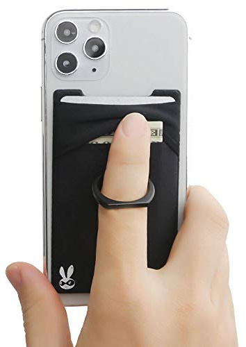 TUZAMA 5-in-1 Cell Phone Wallet-Stick On Spandex Ring Card Holder Sleeve Back-Double-Pocket+Magnetic+Finger Grip Strap Loop+Kickstand+RFID Block,Most of Smartphones