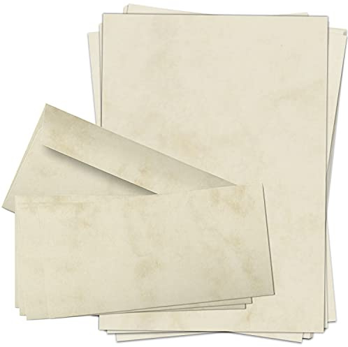50 Briefpapiere und Briefumschläge SET | Marmor Beige | Papier und Umschlag mit Design-Motiv bedruckt | 90 g/m²
