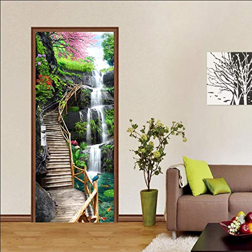 LuSeven stickers paroi de douche Cascades lacs escaliers plantes 77x200cm(30.31 inches * 78.74 inches) Sticker De Porte Trompe l'oeil Effet 3D Intérieure Muraux PVC Stickers Salle De Bain Cuisine Déco