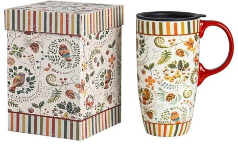 Topadorn 17 oz Ceramic Travel Mug with Spill Proof Lid & Handle, Microwave Dishwasher Safe Coffee Cup, Gift for Men and Women, Butterfly and Owl