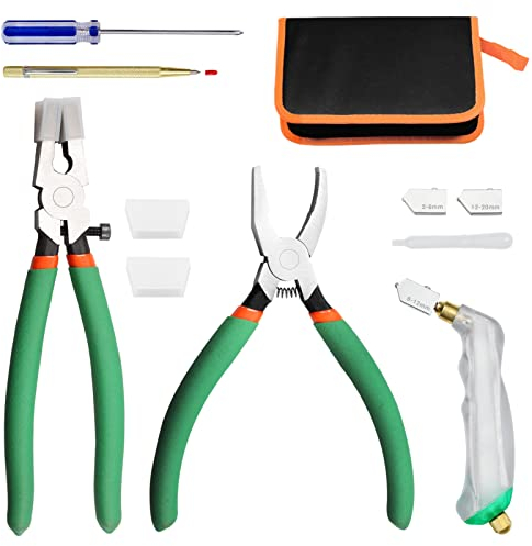 LEONTOOL Glasschneider-Set enthält Glaslaufzange, Grozer-Zange, 2 Paar, Ersatz-Gummispitzen, Glasschneider, Wolframkarbidspitze, Anreißer, Schraubendreher, Buntglaszange, PU-Aufbewahrungstasche