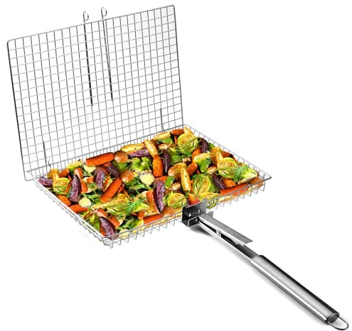 Grill Basket Extra Large,Grill Accessories for Outdoor Grill,Grilling Gifts for Men,Fish Grill Basket, Shrimp Vegetable, Veggie, Barbecue BBQ Rack, Camping Cooking, Unique Detachable Handle