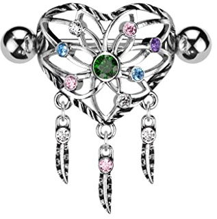 beyoutifulthings Brustwarzen-piercing Silber Traum-fänger Zirkonia Grün Clear Aqua Pink Brust-piercing Nippel-piercing Chirurgenstahl Stab 14-mm