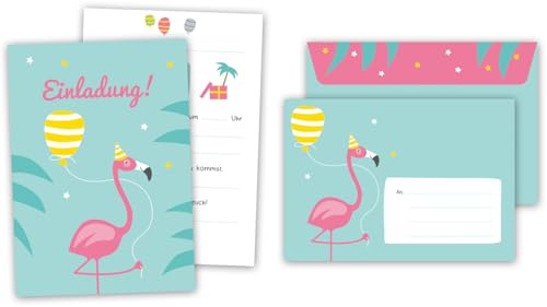 Decento® Einladung Geburtstag Flamingo - 8 Karten mit Umschlag für Mädchen - niedlicher Kindergeburtstag - Einladungskarten für Kinder zum Ausfüllen und Beschriften