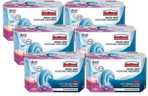 Unibond AERO 360° Moisture Absorber Lavender Garden Refill Tab, aromatherapy, ultra-absorbent and odour-neutralising, for AERO 360° D(4 x 450g), White and blue Bulk Buy 6 Pack